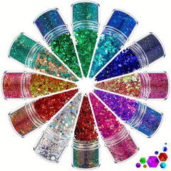 12 Colors Holographic Nail Glitter Powder Hexagon Flakes Sequins 10g