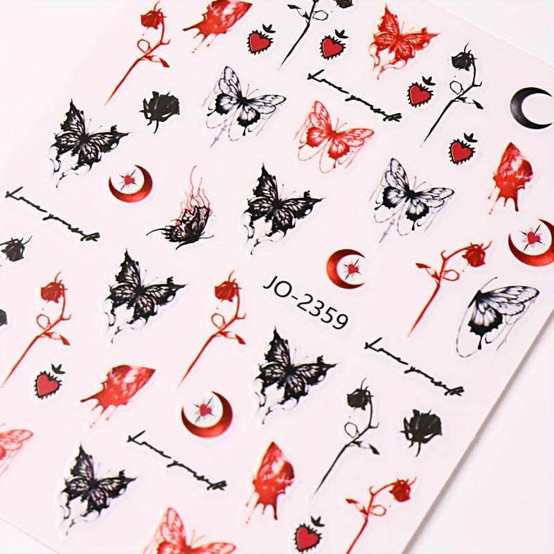 5D Embossed Nail Art Stickers Red Butterfly Decal