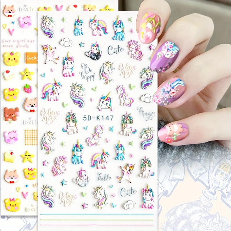 Bunny & Unicorn Nail Stickers for Women 5D Embossed Cartoon Nail Art Decals