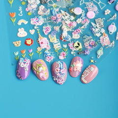 Bunny & Unicorn Nail Stickers for Women 5D Embossed Cartoon Nail Art Decals