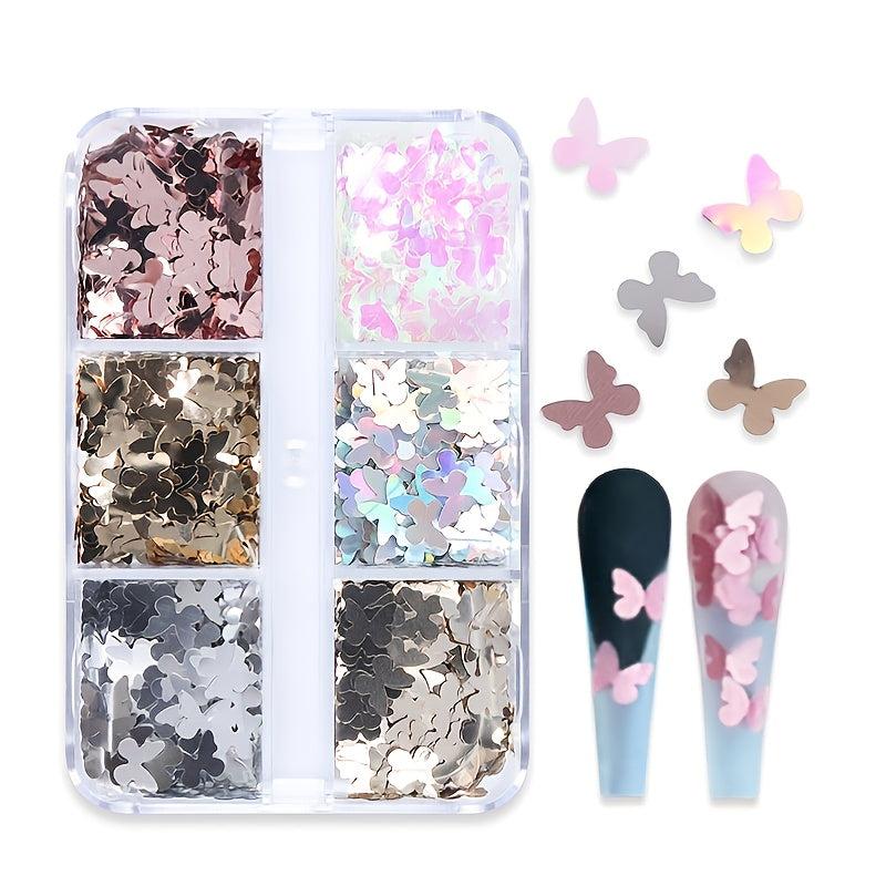 6 Grids Butterfly Nail Glitter Sequins for 3D Manicure Decoration