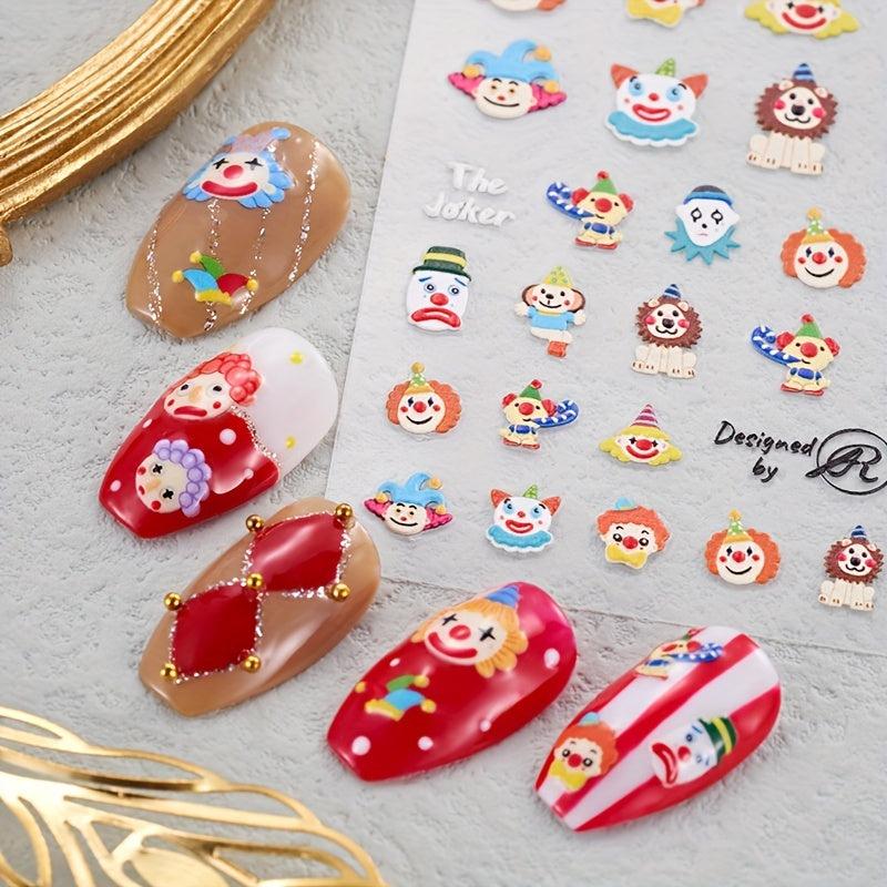 3pcs 5D Embossed Clown Nail Art Stickers - DIY Nail Salons - Self Adhesive