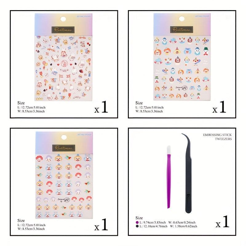 3pcs 5D Embossed Clown Nail Art Stickers - DIY Nail Salons - Self Adhesive