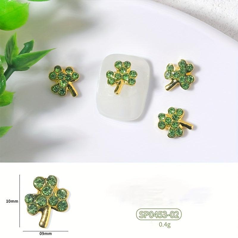 6 pcs Glitter Green Four Leaf Clover Nail Charms for St Patrick's Nail Art