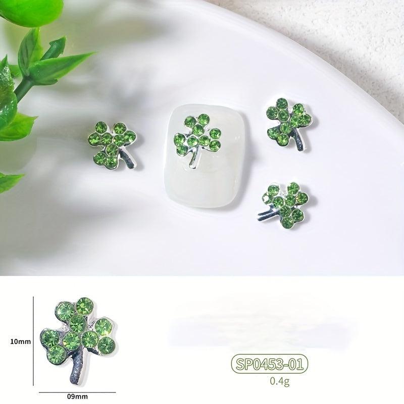6 pcs Glitter Green Four Leaf Clover Nail Charms for St Patrick's Nail Art