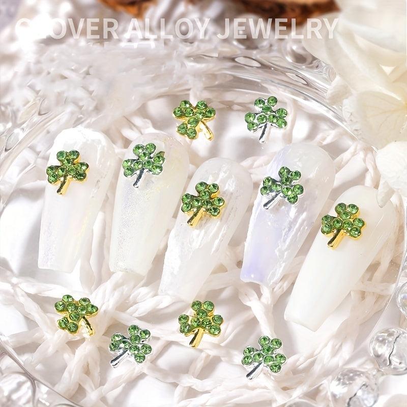 6 pcs Glitter Green Four Leaf Clover Nail Charms for St Patrick's Nail Art