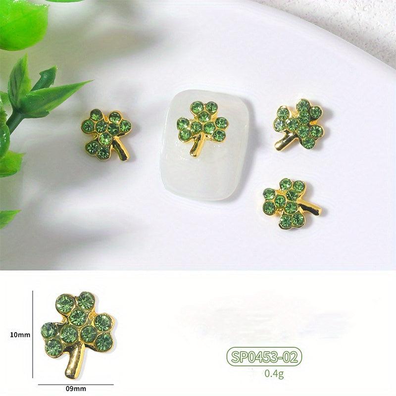 6 pcs Glitter Green Four Leaf Clover Nail Charms for St Patrick's Nail Art