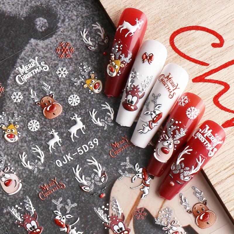 2pcs Christmas Nail Art Stickers Decals Snowflake Santa Elk Bell Xmas Nail Decal