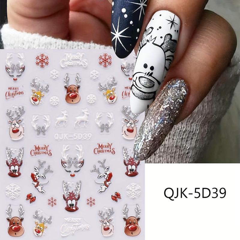 2pcs Christmas Nail Art Stickers Decals Snowflake Santa Elk Bell Xmas Nail Decal
