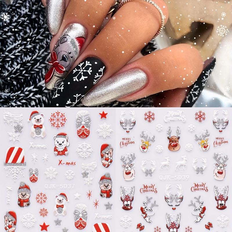 2pcs Christmas Nail Art Stickers Decals Snowflake Santa Elk Bell Xmas Nail Decal