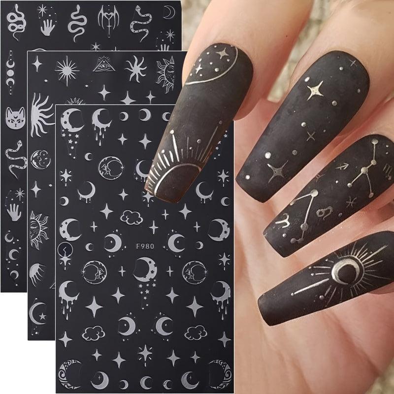 6pcs Moon Sun Star Snake Nail Art Stickers Geometric Line Nail Art Decals