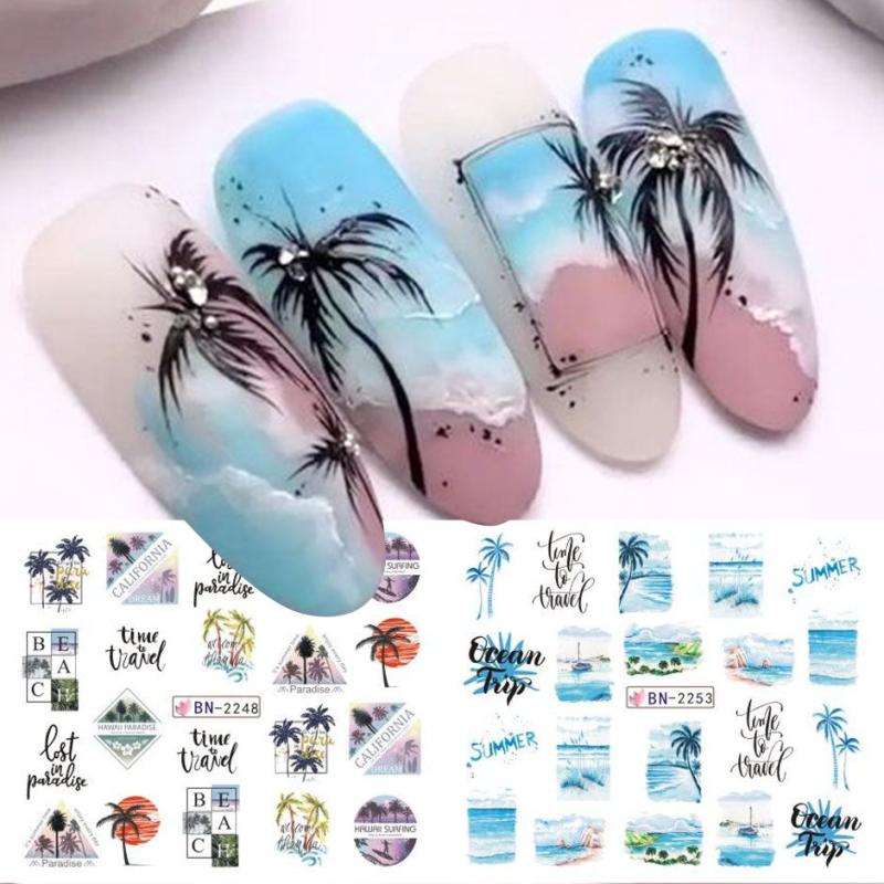 12pcs Palm Tree Nail Stickers Water Sliders Coconut Decals & Decorations