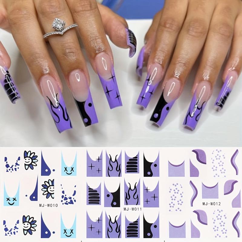 Y2K Girls Nail Art Water Stickers Colorful French Smile Fire Stars Nail Transfer