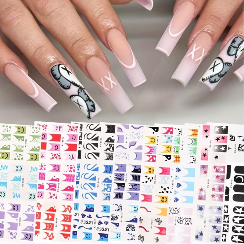 Y2K Girls Nail Art Water Stickers Colorful French Smile Fire Stars Nail Transfer