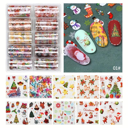 Christmas Halloween Nail Foil Transfer Stickers Snowman Santa Elk Laser Decals