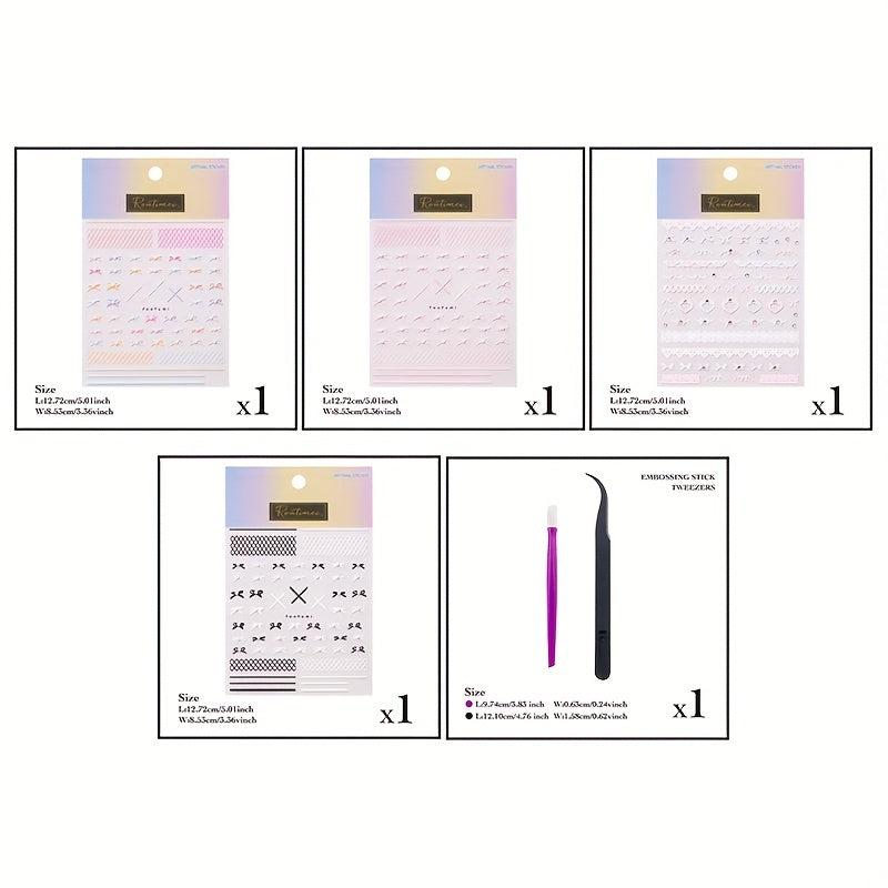 4pcs 5D Embossed Bow Pearl Nail Art Stickers - Self Adhesive Nail Art Supplies