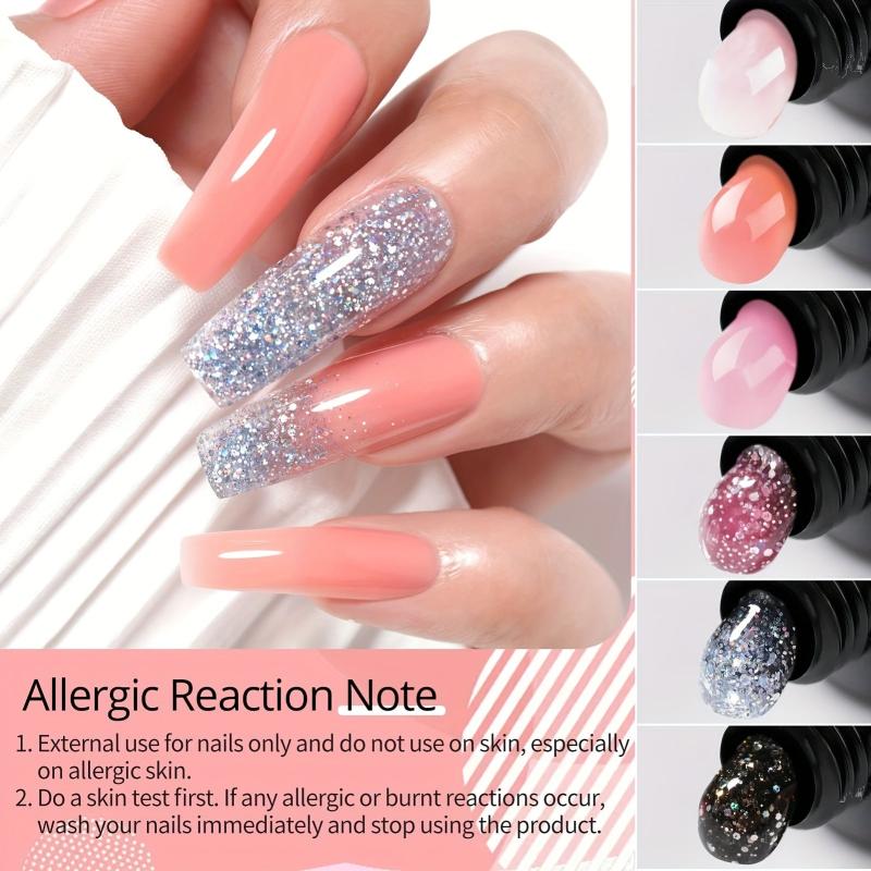 Poly Gel Nail Polish Set 6 Classic Colors Nude Pink Silver Glitter