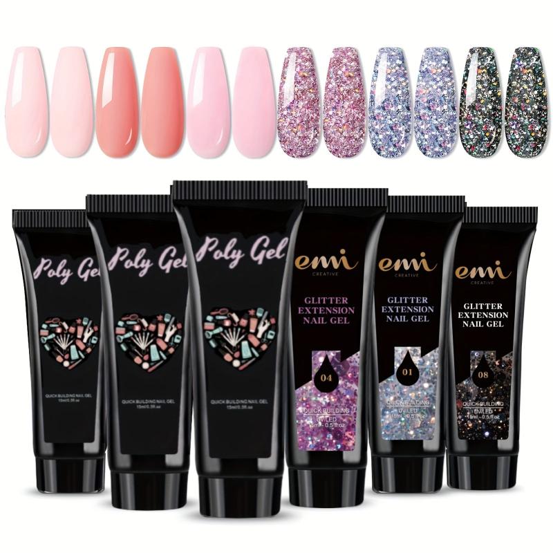 Poly Gel Nail Polish Set 6 Classic Colors Nude Pink Silver Glitter