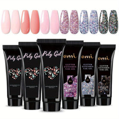 Poly Gel Nail Polish Set 6 Classic Colors Nude Pink Silver Glitter