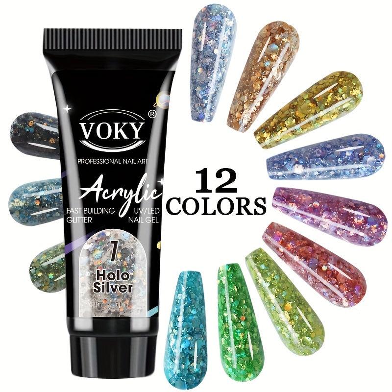 12 Colors Glitter Nail Extensions Gel 15ml No Paper Holder for DIY Nail Art