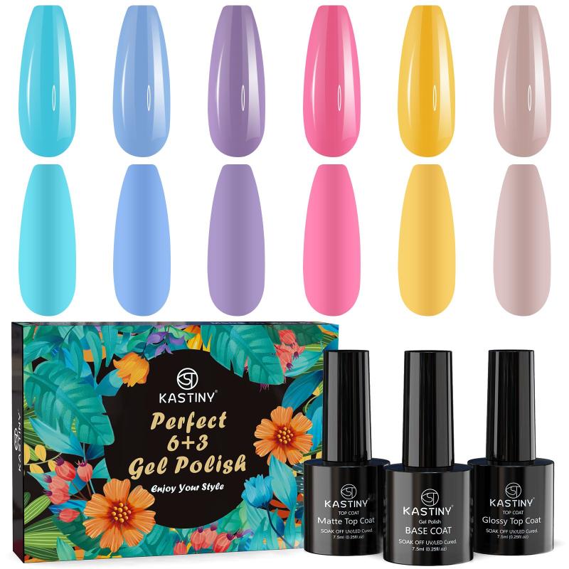 9-Piece Macaron Gel Nail Polish Set with Base, Gloss, and Matte Top Coatings