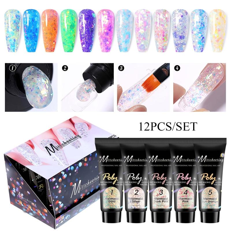 12 Colors Glow In The Dark Glitter Poly Gel Kit for Manicure