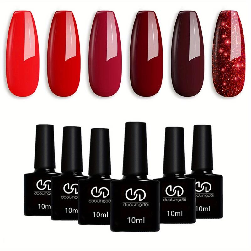 6 Colors Glitter Gel Nail Polish Set for DIY Manicures - Red Burgundy Bloody Red