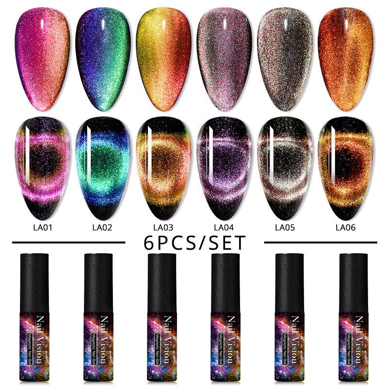 6PCS SET 9D Galaxy Cat Eye Nail Gel Chameleon Magnetic Cat Eye Nail Gel Polish