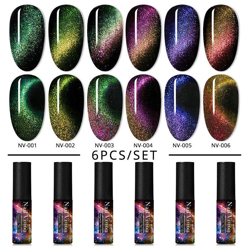 6PCS SET 9D Galaxy Cat Eye Nail Gel Chameleon Magnetic Cat Eye Nail Gel Polish