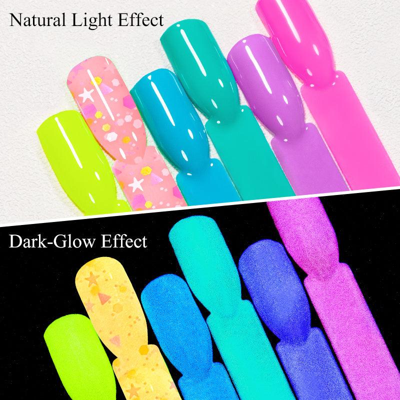 Glow In The Dark Gel Nail Polish Set 6 Colors Halloween Neon Pink Yellow Orange