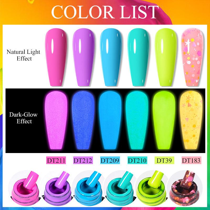Glow In The Dark Gel Nail Polish Set 6 Colors Halloween Neon Pink Yellow Orange
