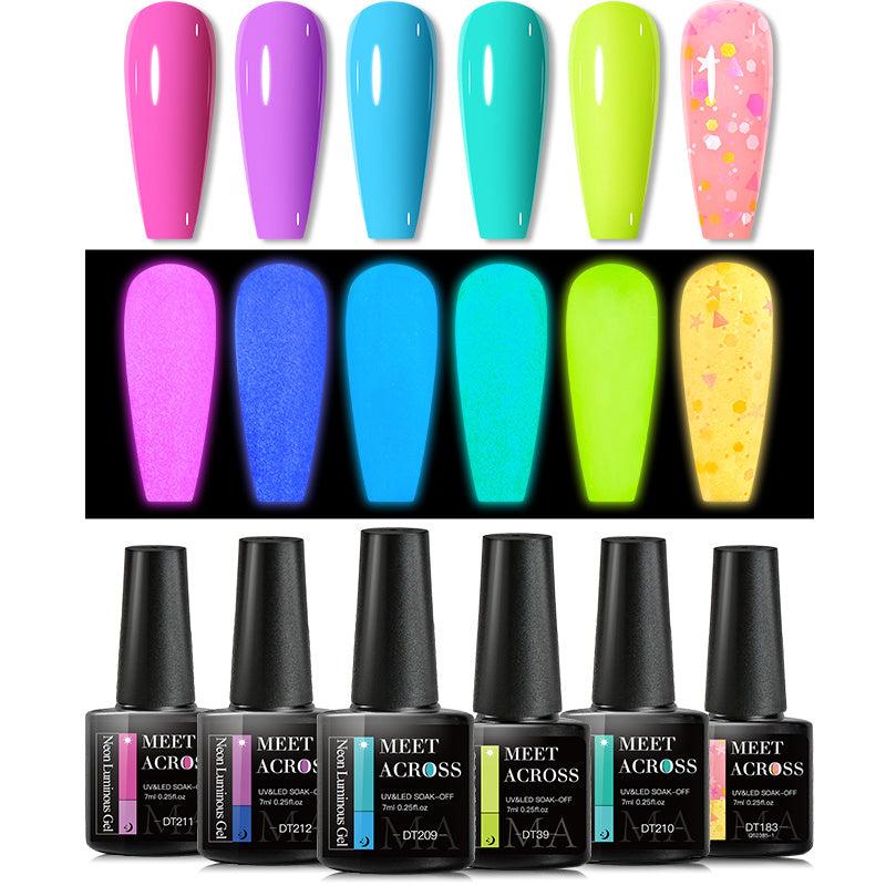 Glow In The Dark Gel Nail Polish Set 6 Colors Halloween Neon Pink Yellow Orange