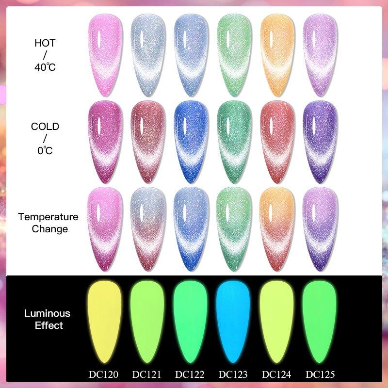 6pcs Glow In The Dark Gel Nail Polish Set Mood Changing Glitter Cat Eye Luminous