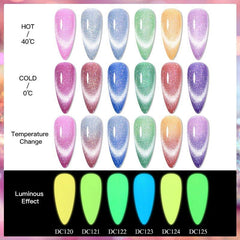 6pcs Glow In The Dark Gel Nail Polish Set Mood Changing Glitter Cat Eye Luminous