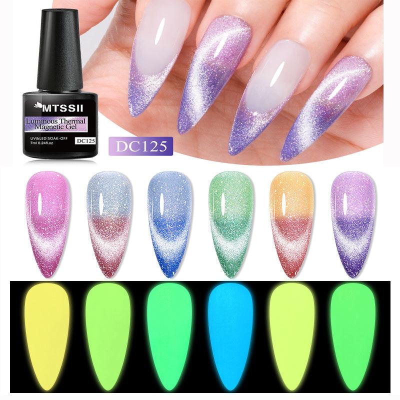 6pcs Glow In The Dark Gel Nail Polish Set Mood Changing Glitter Cat Eye Luminous