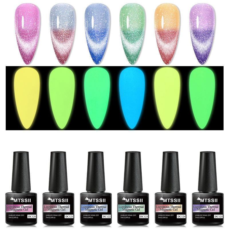 6pcs Glow In The Dark Gel Nail Polish Set Mood Changing Glitter Cat Eye Luminous