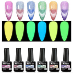 6pcs Glow In The Dark Gel Nail Polish Set Mood Changing Glitter Cat Eye Luminous