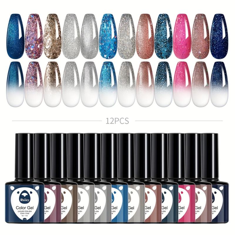 12 Colors Gel Nail Polish Starter Kit Pink Silvery Glitter Soak Off Set