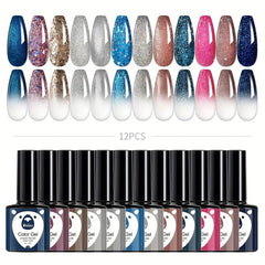 12 Colors Gel Nail Polish Starter Kit Pink Silvery Glitter Soak Off Set
