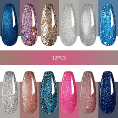 12 Colors Gel Nail Polish Starter Kit Pink Silvery Glitter Soak Off Set