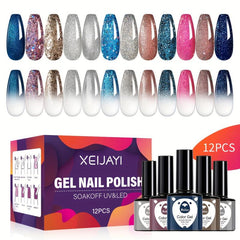 12 Colors Gel Nail Polish Starter Kit Pink Silvery Glitter Soak Off Set