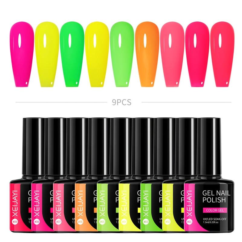 9pc Neon Pink Green Yellow Gel Polish Set