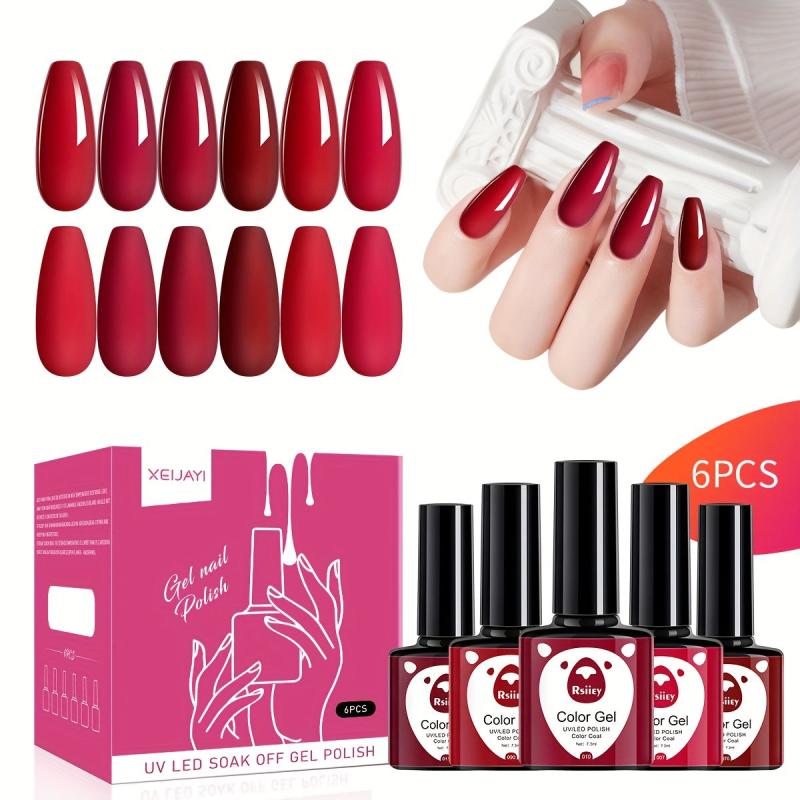Red Gel Polish Kit 6 Colors Soak Off No Wipe Nail Gel Polish Set