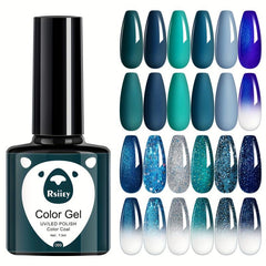 Gel Nail Polish Starter Kit with 12 Colors Cyan Collection Glitter Set