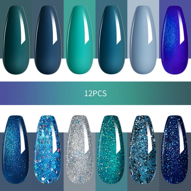 Gel Nail Polish Starter Kit with 12 Colors Cyan Collection Glitter Set