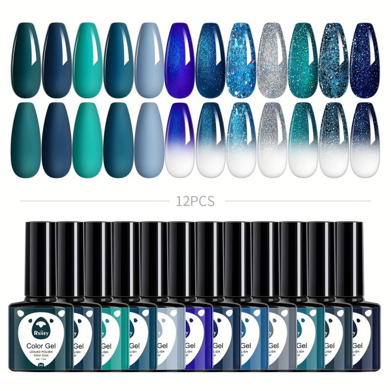 Gel Nail Polish Starter Kit with 12 Colors Cyan Collection Glitter Set