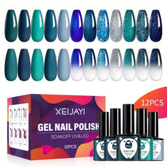 Gel Nail Polish Starter Kit with 12 Colors Cyan Collection Glitter Set