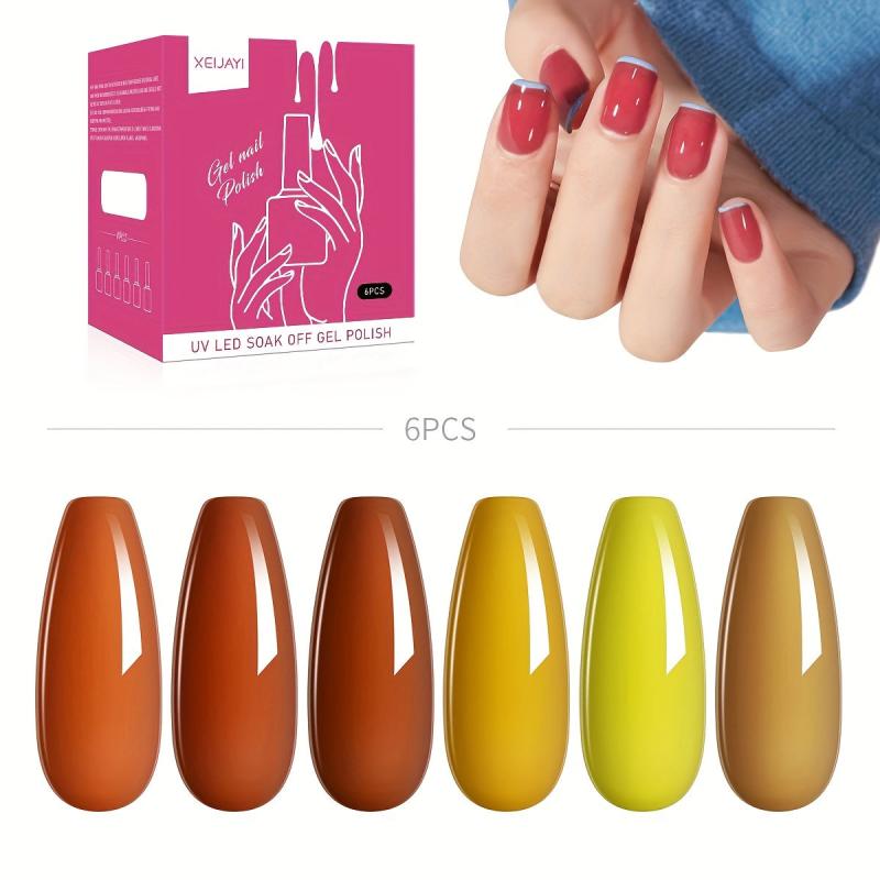 6 Colors Gel Nail Polish Starter Kit Orange Yellow Collection Soak Off No Wipe