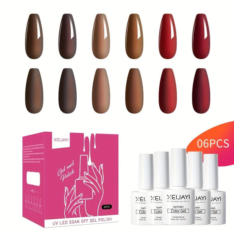 6 Colors Gel Nail Polish Red Brown Collection Soak Off Set for Autumn Winter