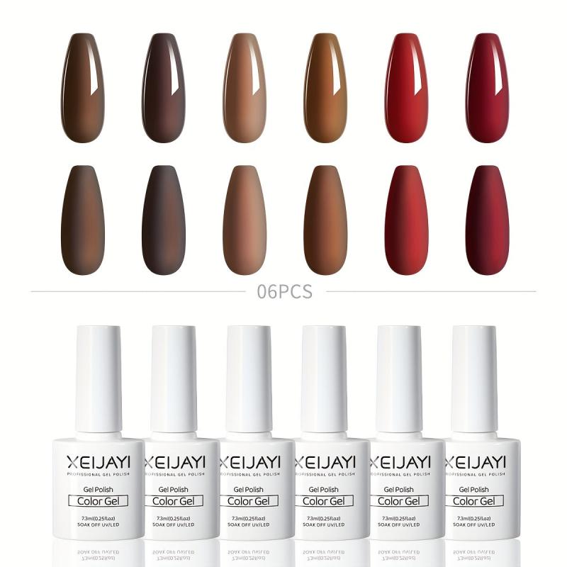 6 Colors Gel Nail Polish Red Brown Collection Soak Off Set for Autumn Winter